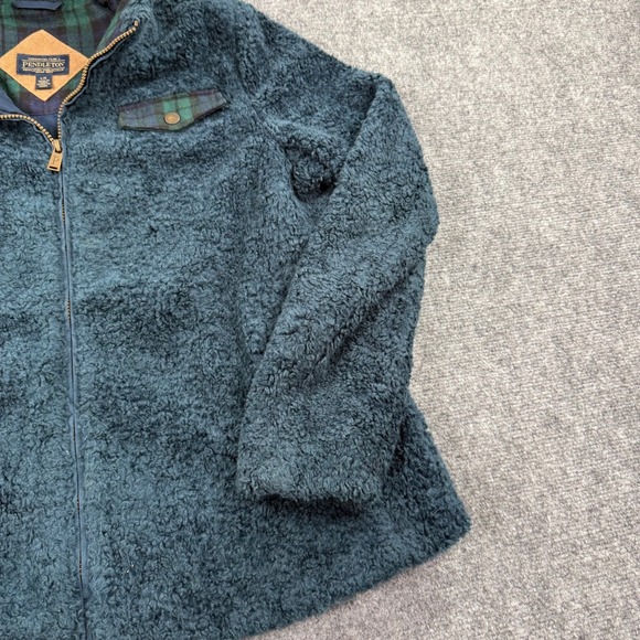 Pendleton Sherpa Fleece Jacket Teal Plaid Lined Zip Up Men Large - Picture 2 of 9